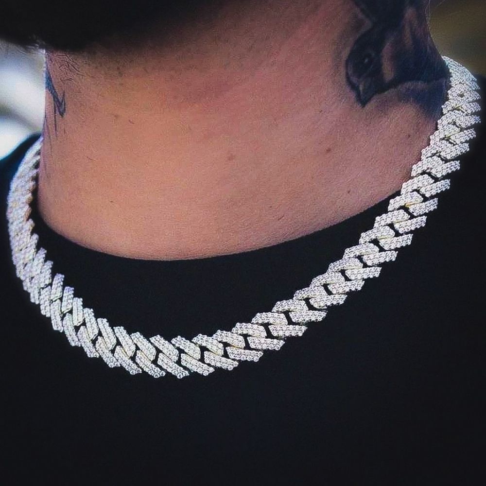 Silver Prong Set 15mm Cuban Link Chain